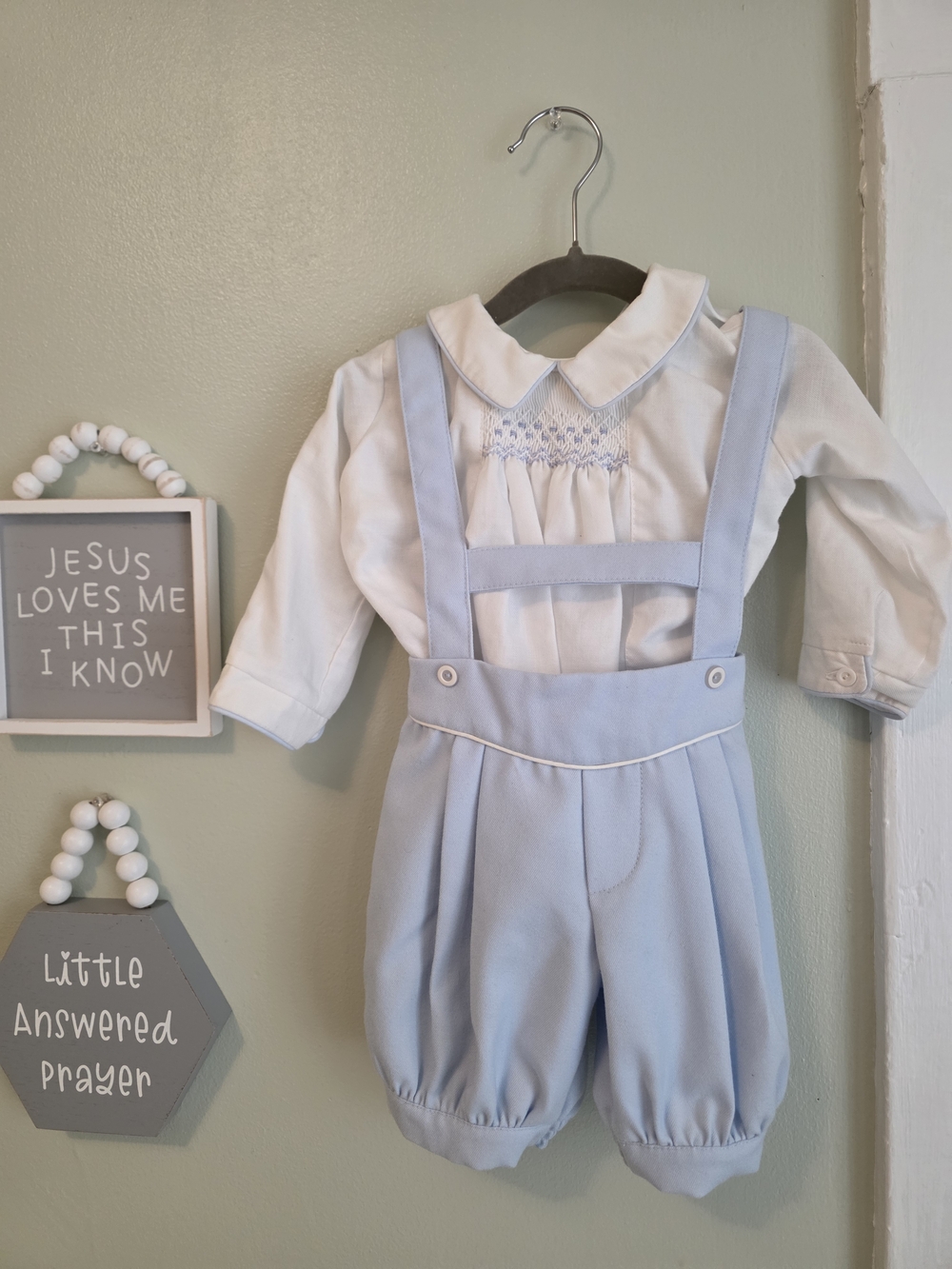 Vintage Light Blue Boys' Suspender Overalls with White Smocked Shirt